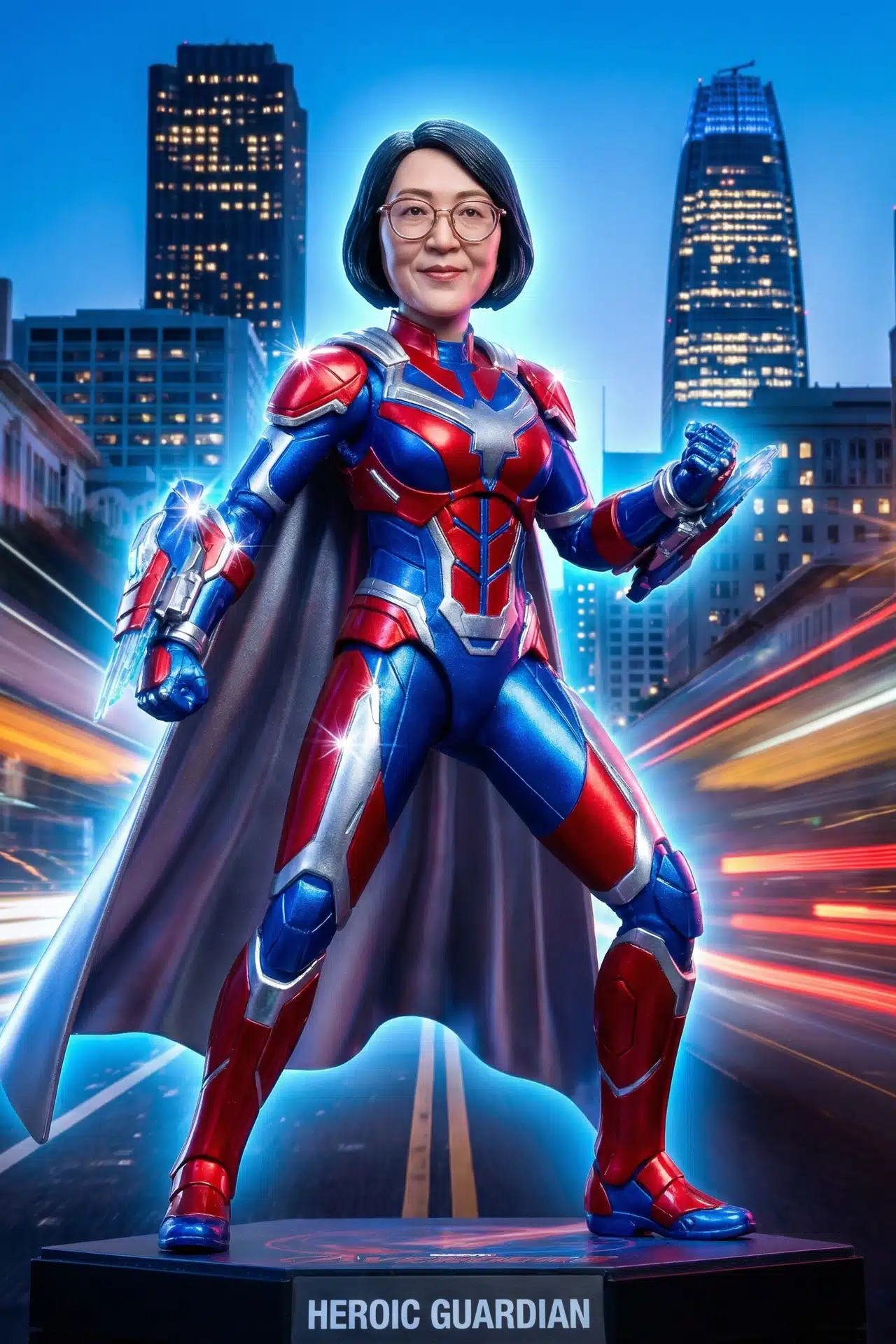 AI-transformed portrait of a person as a superhero against a city skyline, Pop Life Photo experience.