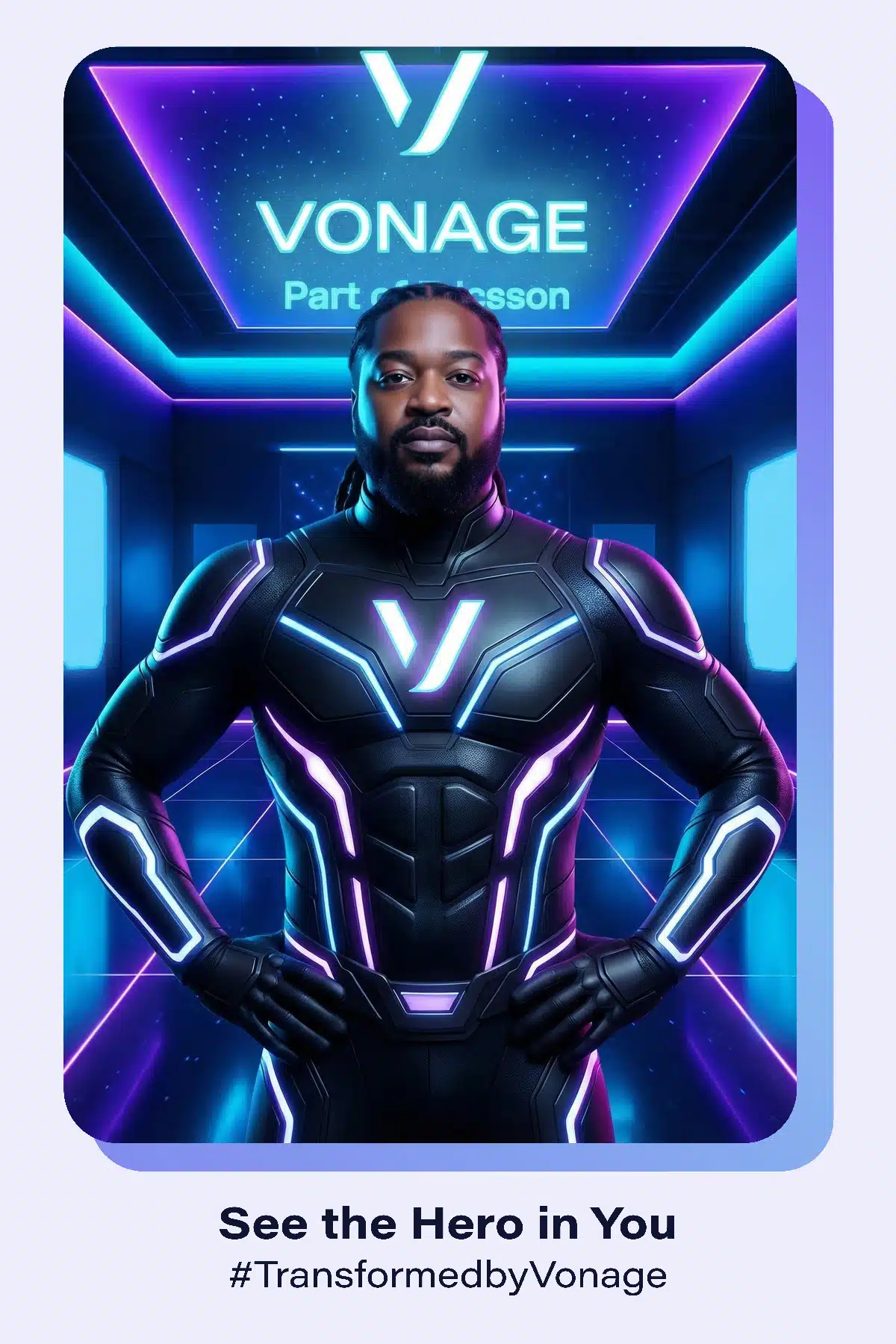 AI-transformed portrait of man in futuristic suit, Pop Life Photo branded experience.