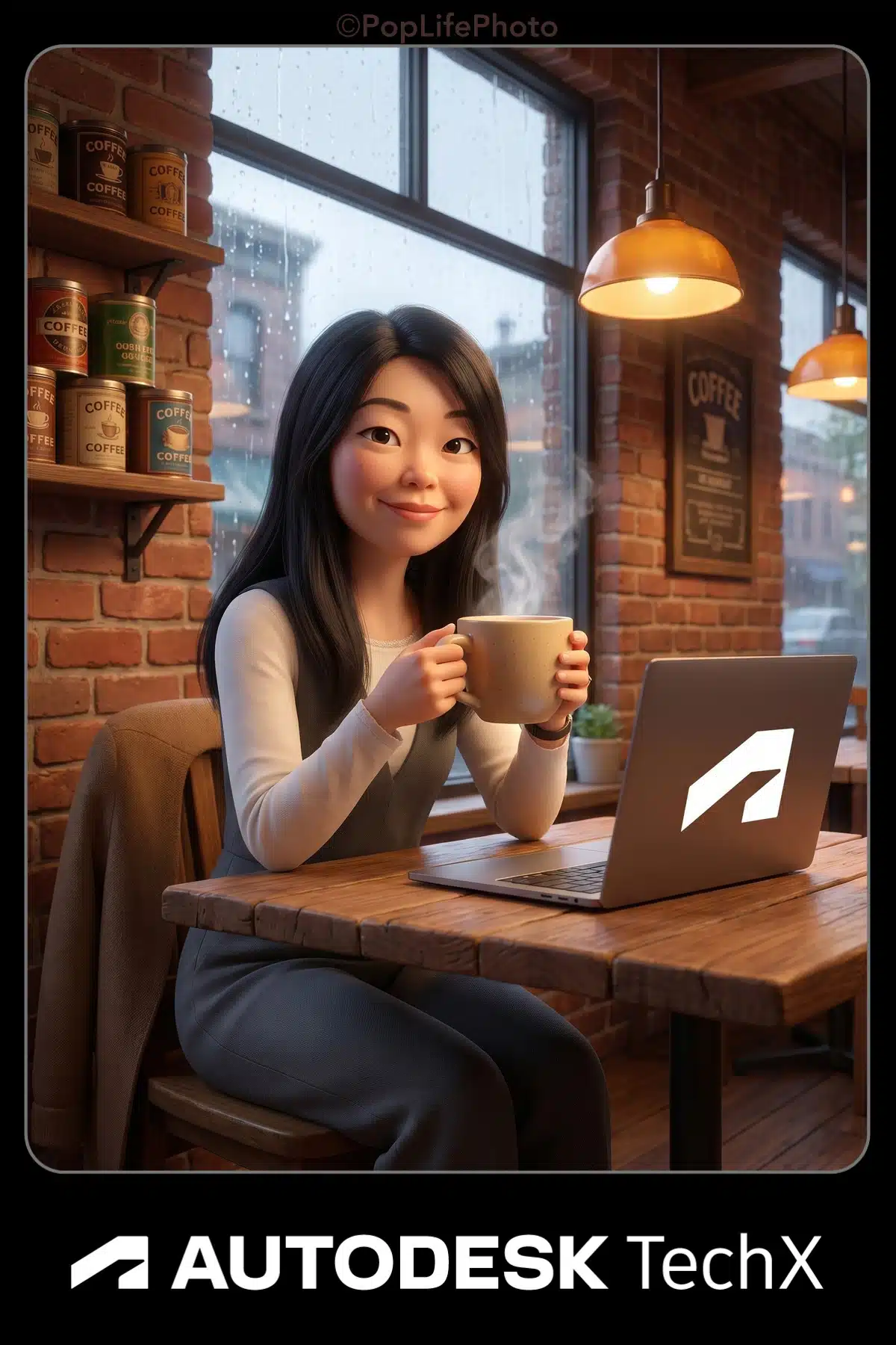 AI-generated portrait of a woman with a coffee cup and laptop, illustrating personalized AI photo experiences for events.