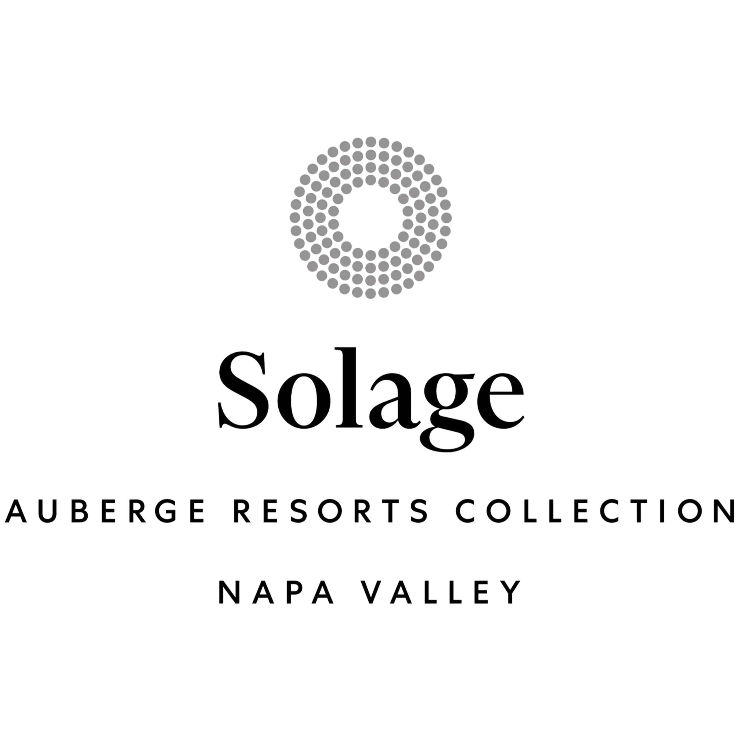 Solage logo featuring a circular design and text reading "Solage, Auberge Resorts Collection, Napa Valley," representing luxury wedding venue partnerships for Pop Life Photo services.