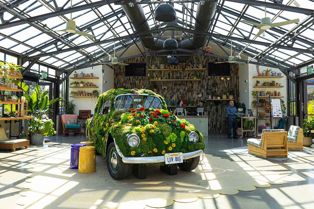 Decorative vintage car covered in flowers and greenery inside the Treehouse Silicon Valley wedding venue, showcasing a charming and unique atmosphere for events.