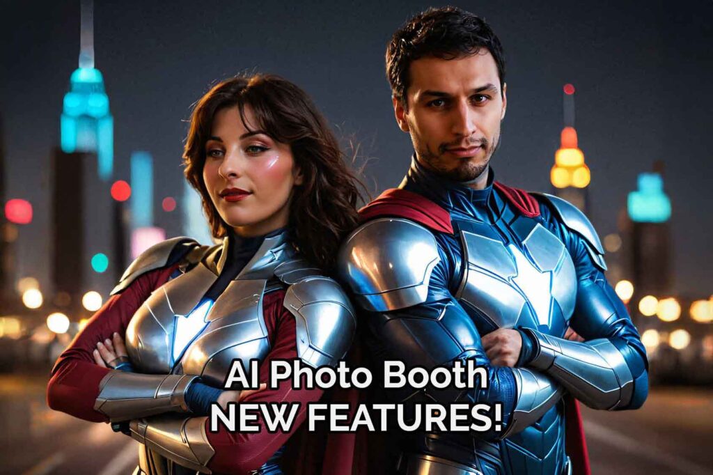 Superhero-themed couple posing confidently in front of a city skyline, featuring text "AI Photo Booth NEW FEATURES!" highlighting advancements in AI photo booth technology.