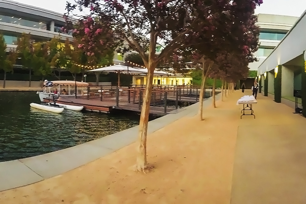 Outdoor event venue in San Ramon with waterfront view, wooden deck, decorative lights, and pathway lined with flowering trees, ideal for photo booth rentals.
