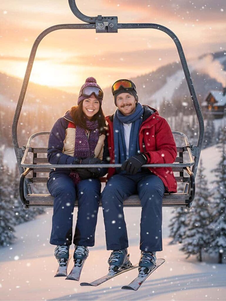 Couple on ski lift enjoying winter scenery, wearing ski gear and smiling, with snowflakes falling and mountains in the background.