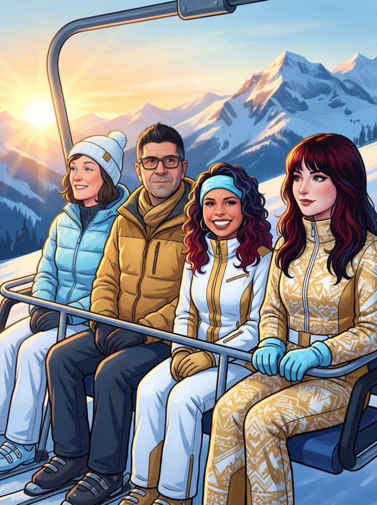 Four friends on a ski lift with snow-covered mountains in the background, showcasing a winter adventure atmosphere, relevant to event engagement and fun experiences.