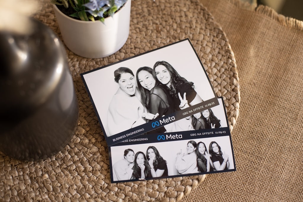 Photo booth prints featuring three women posing joyfully, showcasing Pop Life Photo's Studio Booth service with modern lighting and professional quality.