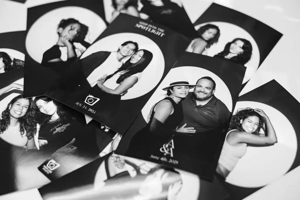 Luxury photo booth prints featuring diverse groups of people posing joyfully, highlighting The Spotlight Booth experience for modern events like weddings and holidays.