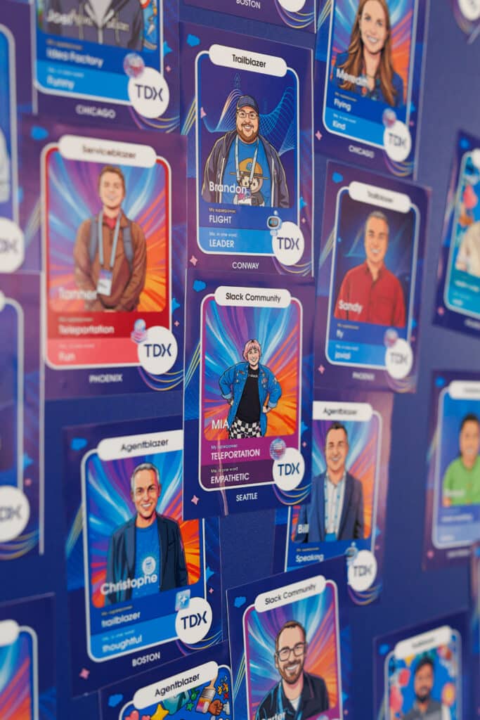 Illustrated trading cards featuring Salesforce TDX 2026 participants, showcasing custom character designs and titles like "Trailblazer" and "Agentblazer," highlighting engagement and community at the event.
