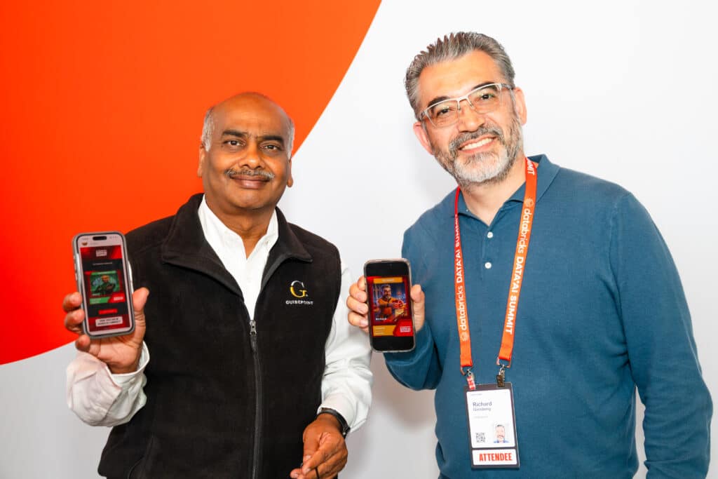 Databricks Data + AI Summit attendees displaying personalized AI trading cards on smartphones.