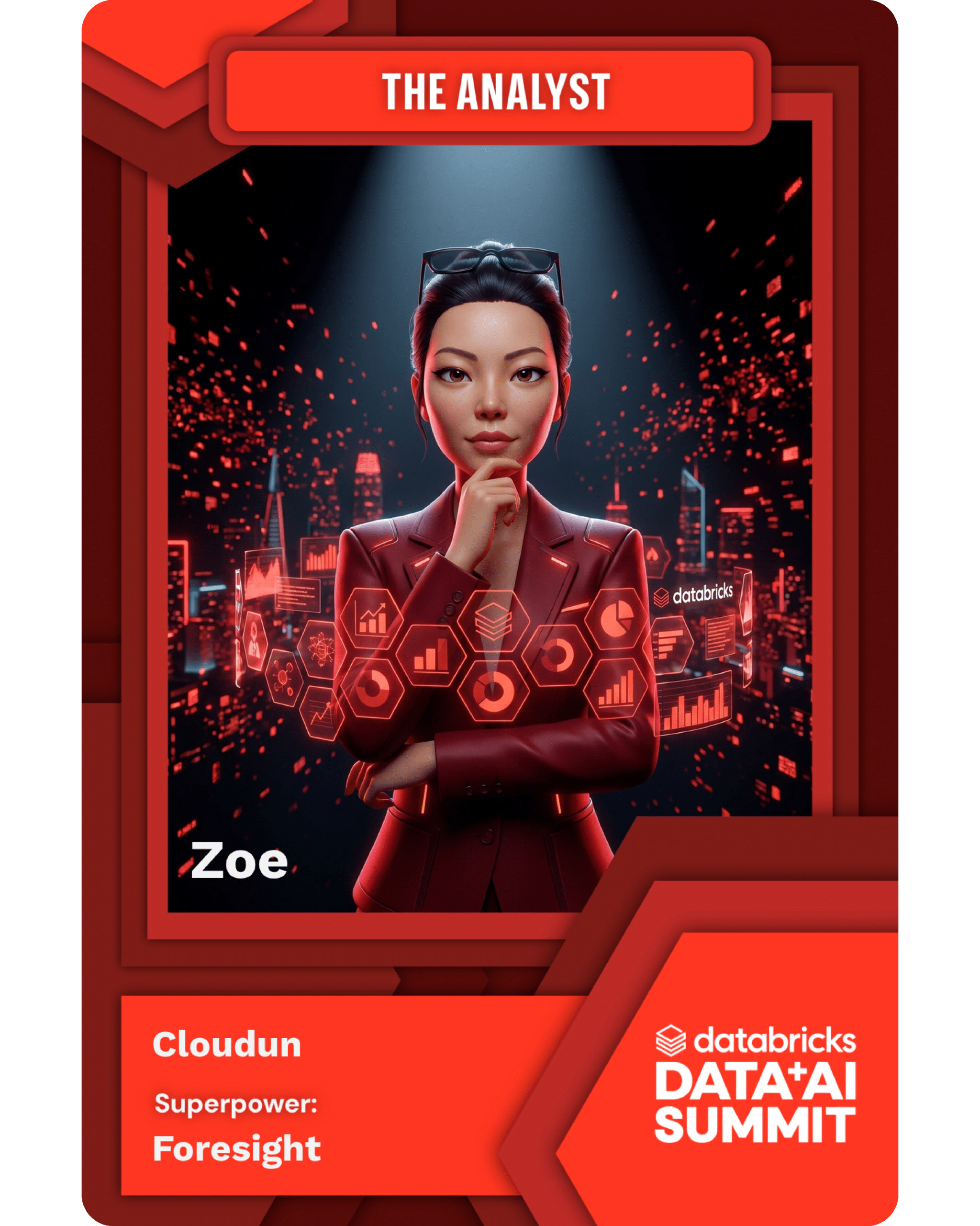 Custom AI trading card design for Databricks Data + AI Summit featuring "Zoe, The Analyst" and data visualizations.