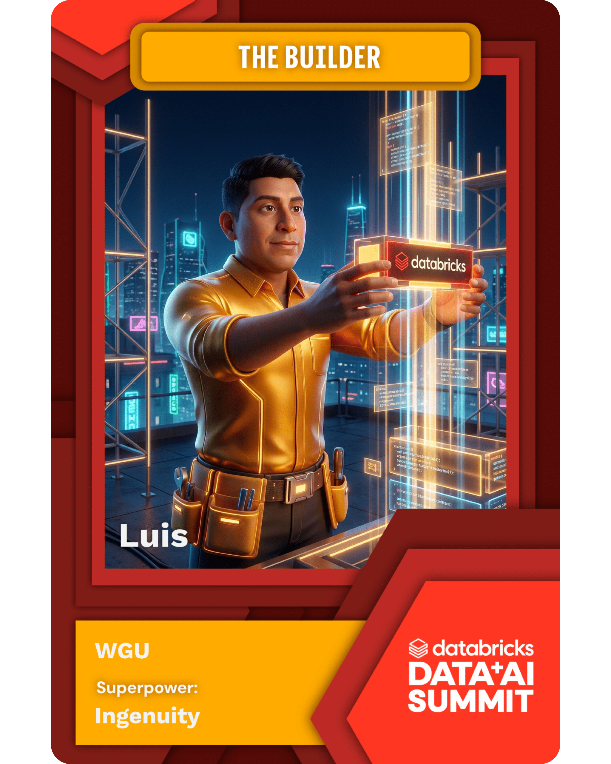 AI trading card featuring Databricks brand activation and custom persona, Luis, at the Data + AI Summit.