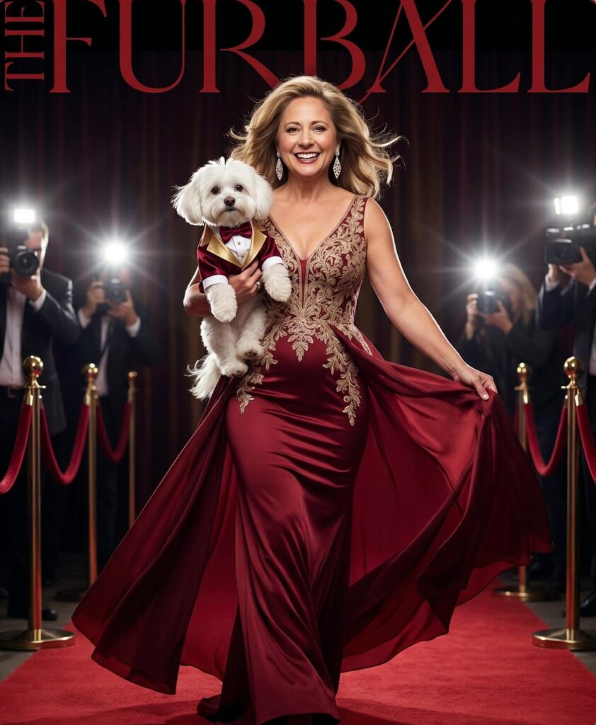 Woman and dog in formal wear on red carpet, Pop Life Photo experience, celebrating memorable