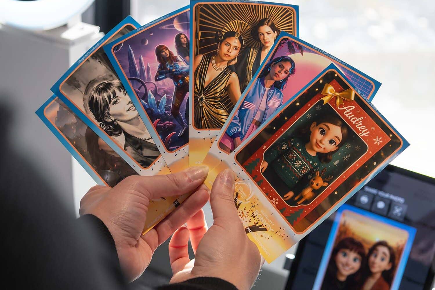 A woman holding AI prints