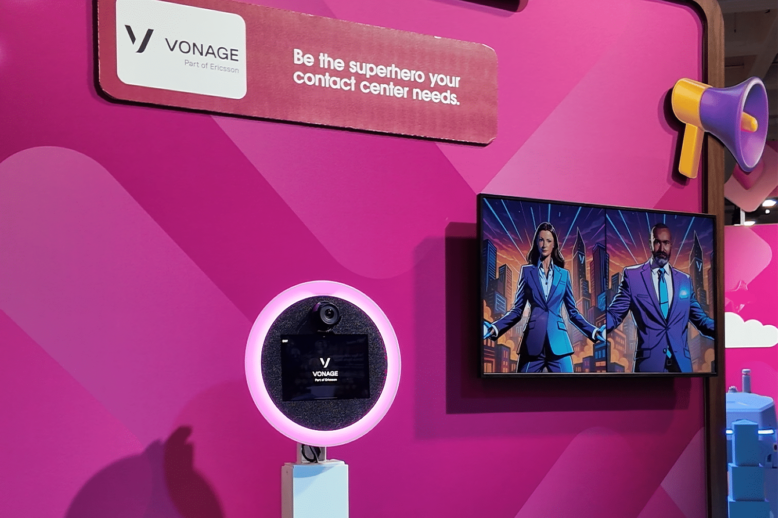 Vonage branded photo booth with digital display and megaphone, showcasing AI-powered photo experiences.