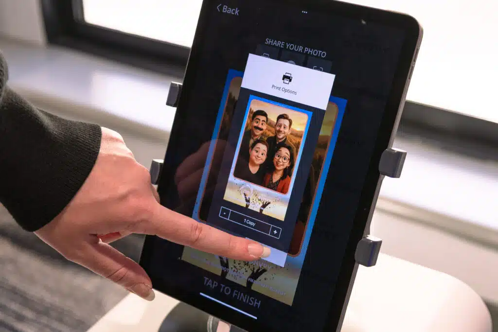 hand touching buttons on a tablet showing an AI generated image